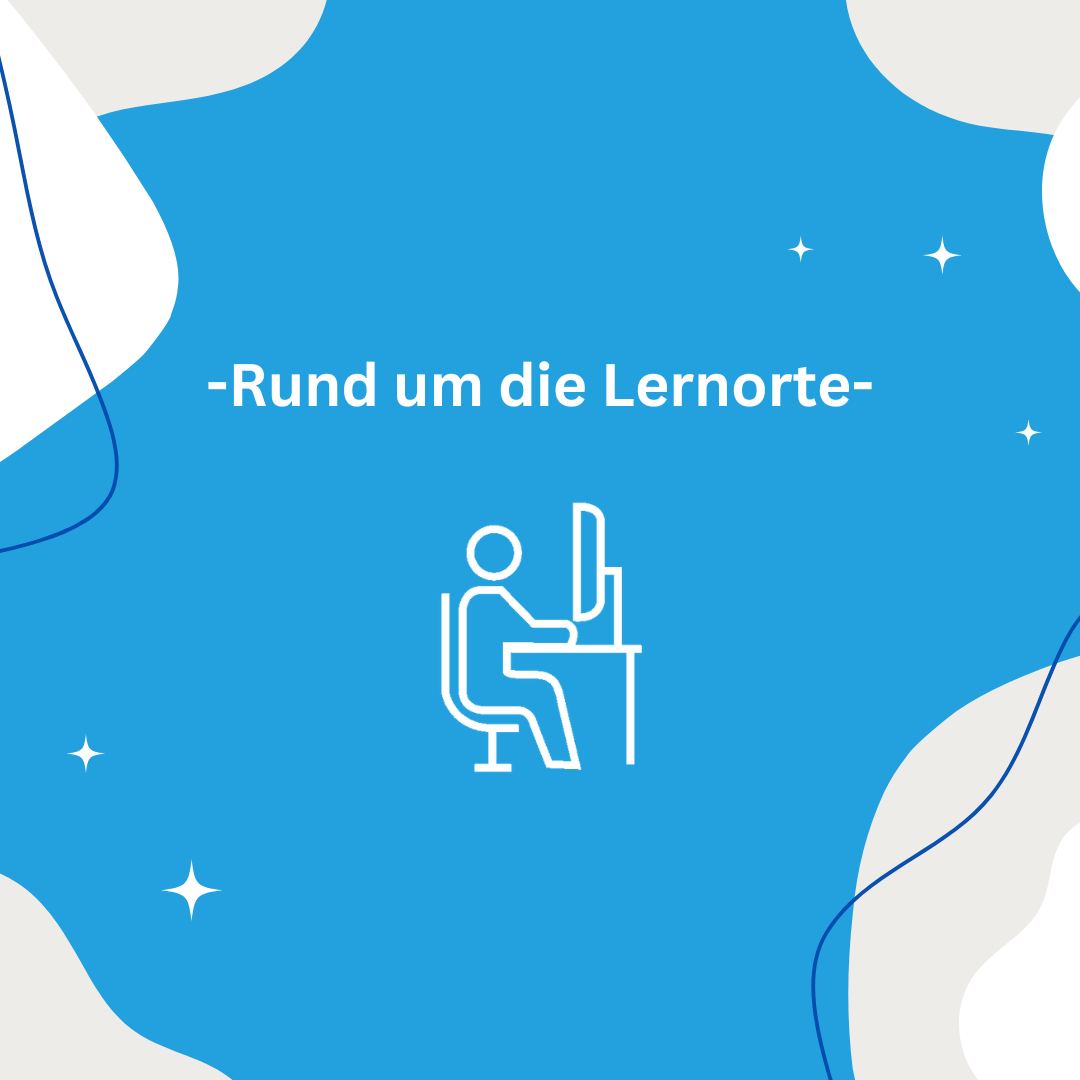 Überwiegend blauer Hintergrund mit dem Logo des HRW-LernRaum und dem Wort "Lernraum"