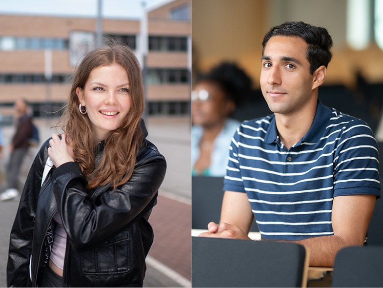 Aufgeteiltes Bild: linke Seite Studentin, die am Berachter vorbei schaut. Rechts Student, der im Hörsaal sitzt und direkt in die Kamera schaut