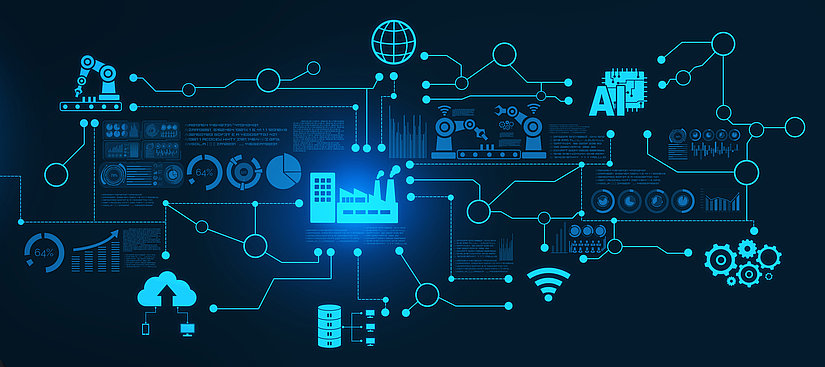 Grafische Darstellung einer vernetzten digitalen Industrieumgebung mit Symbolen zu IoT, KI, Robotik und Datenanalyse.