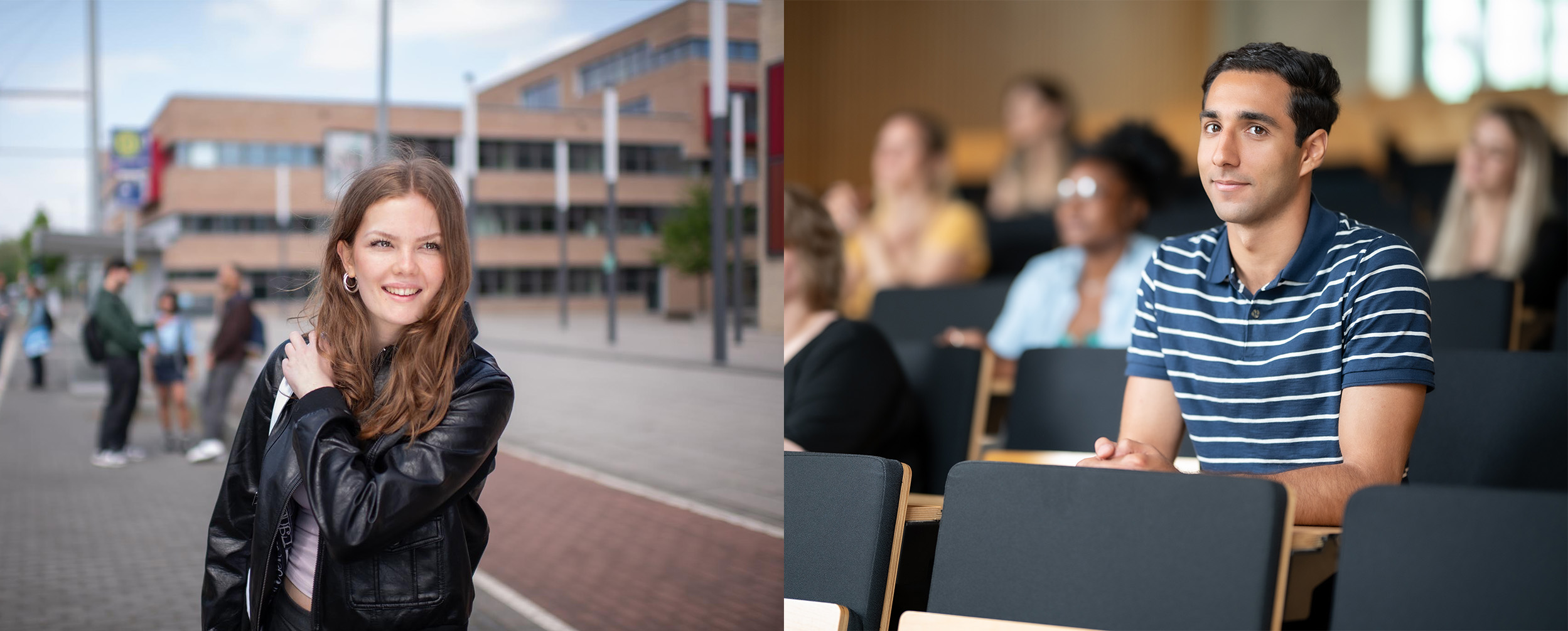 Zweigeteiltes Bild mit einer Studentin auf der linken Seite und einem Studententen im Hörsaal auf der rechten Seite