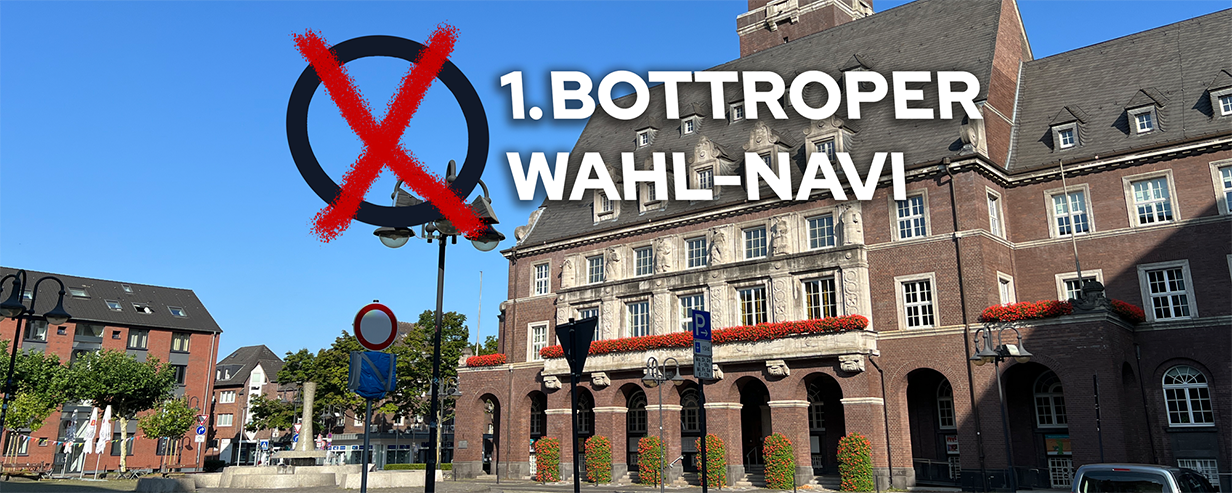 Ansicht des Rathauses Bottrop mit der Aufschrift ‚1. Bottroper Wahl-Navi‘ und einem roten Wahlkreuz.