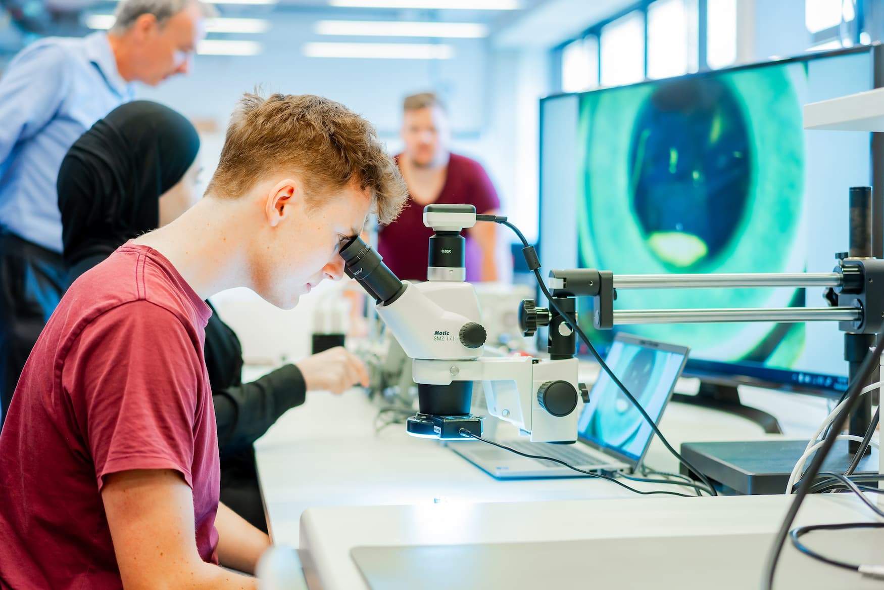 Studierende arbeiten im Labor mit einem Mikroskop; das vergrößerte Bild wird parallel auf einem Monitor angezeigt.