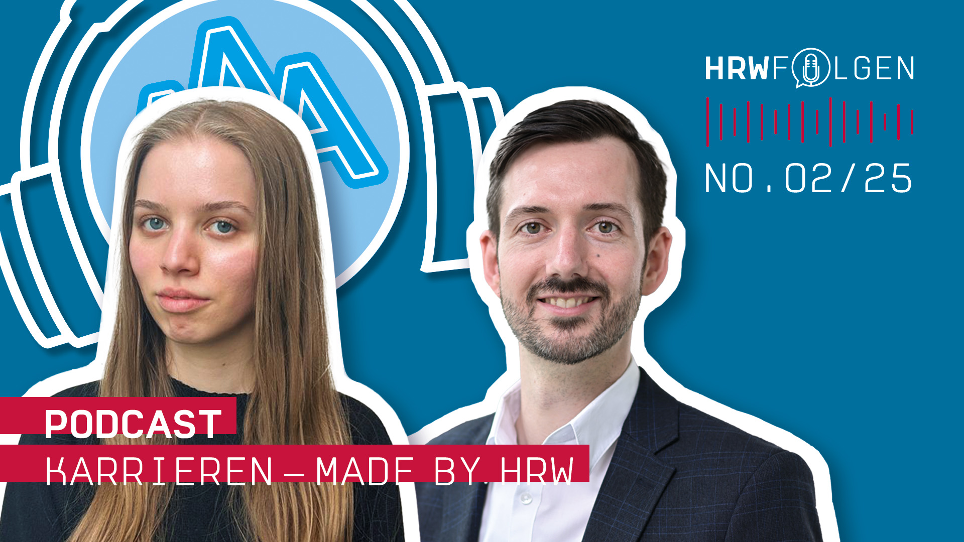 Zu sehen sind zwei Personen, eine Frau und ein Mann, auf blauem Hintergrund mit der HRW Folgen Überschrift und dem Logo.