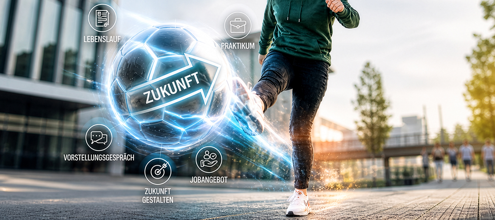 Person kickt leuchtenden Fußball 'ZUKUNFT', umgeben von Karriere-Icons: Lebenslauf, Vorstellungsgespräch, Praktikum, Jobangebot; Stadt.