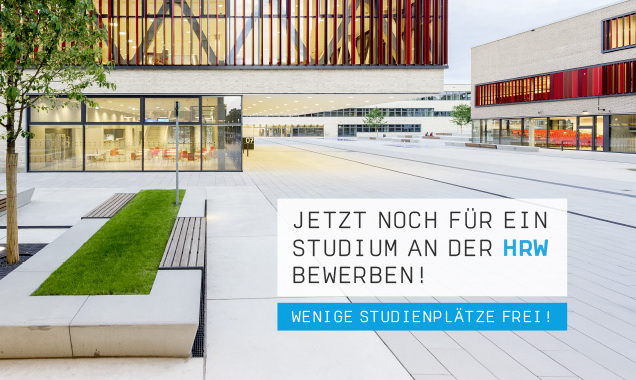 Moderner Campus mit Gebäuden und Grünflächen, Text im Bild: 'Jetzt noch für ein Studium an der HRW bewerben! Wenige Studienplätze frei!'