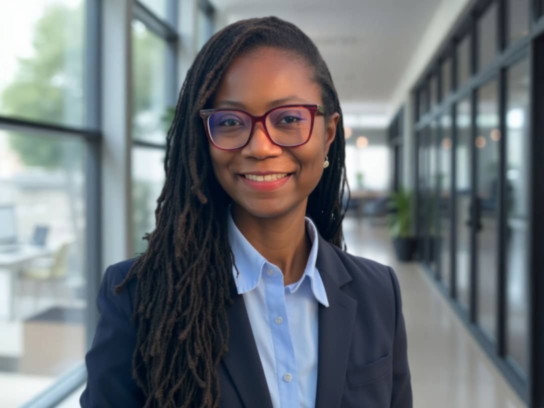 Porträt einer lächelnden Frau mit Brille und langen Dreadlocks in einem modernen Hochschulflur; sie trägt ein dunkelblaues Sakko und ein hellblaues Hemd.