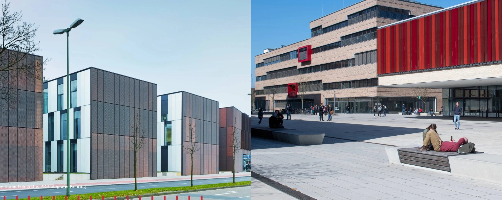 Links die moderne Fassade der Hochschule Ruhr West am Campus Bottrop mit charakteristischen roten und grauen Paneelen. Rechts der belebte Vorplatz des Campus Mülheim an der Ruhr mit dem markanten Hauptgebäude und Studenten im Außenbereich. Repräsentative Architektur der HRW im Ruhrgebiet.
