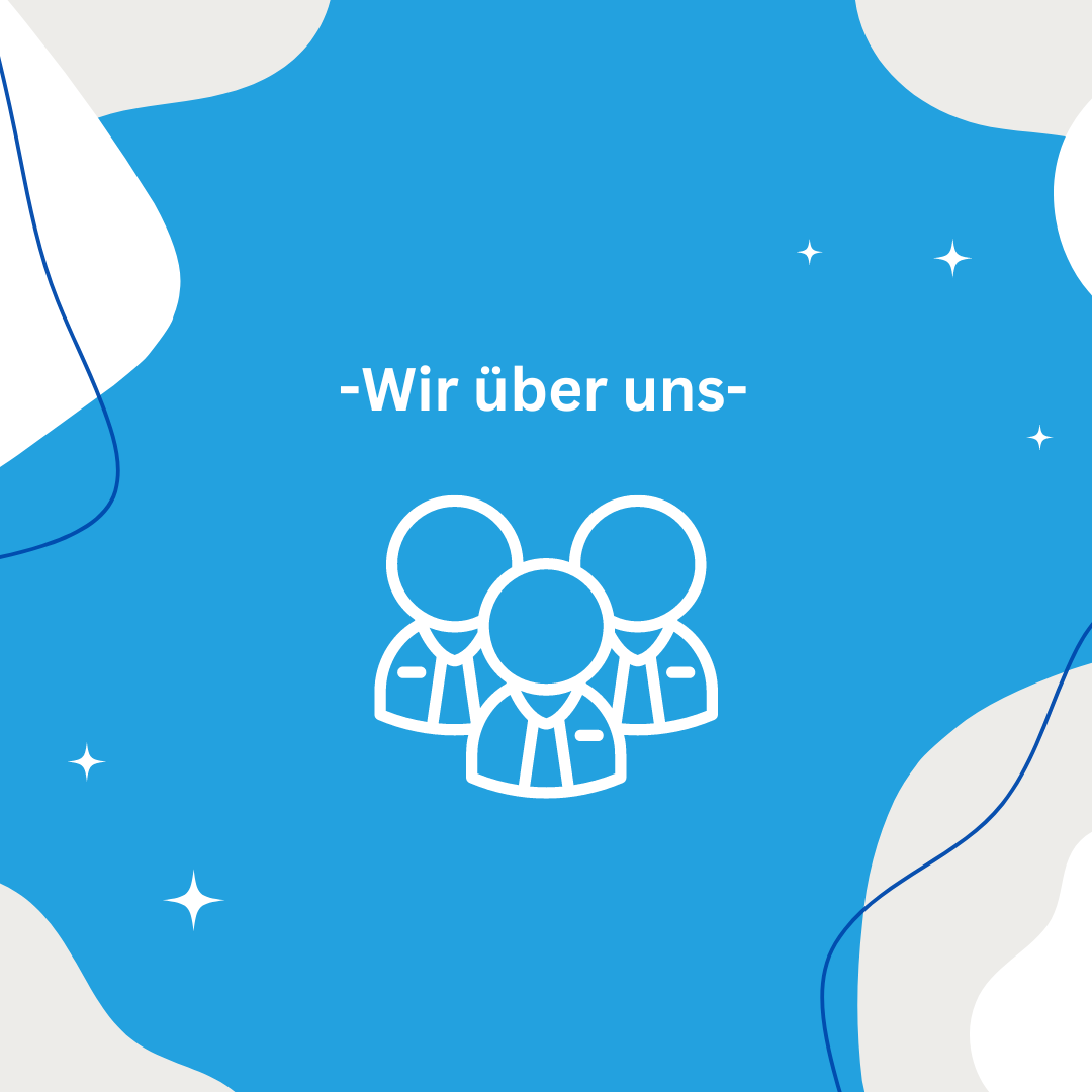 Überwiegend blauer Hintergrund mit drei symbolhaften Männchen und den Worten "Wir über uns"