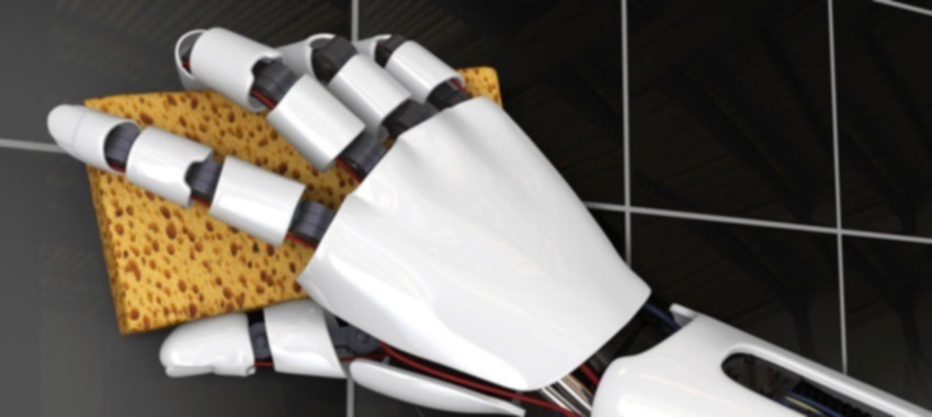 Ein Bild von einer Roboter Hand, die einen Schwamm hält und Fliesen putzt
