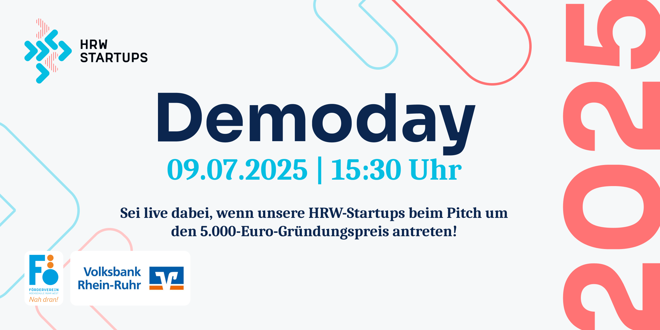 "Demoday am 09.07.2025 um 15:30 Uhr. Sei live dabei, wenn unsere HRW-StartUps beim Pitch um den 5.000-Euro-Gründungspreis antreten!"