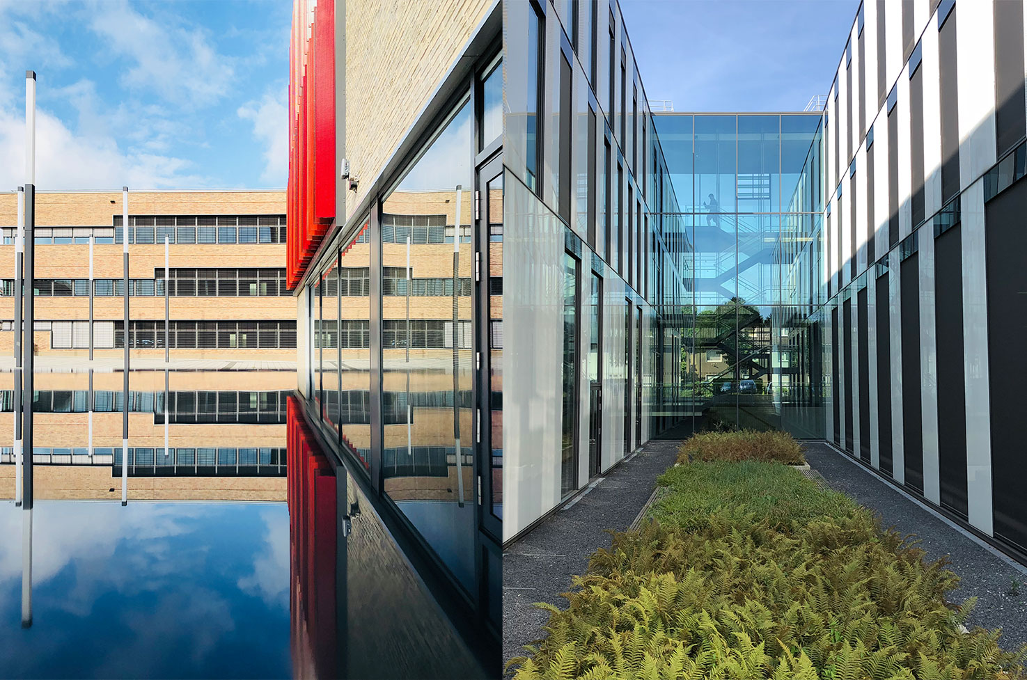 Linkes Bild zeigt Gebäude am Campus Mülheim, rechtes Bild Gebäude am Campus Bottrop