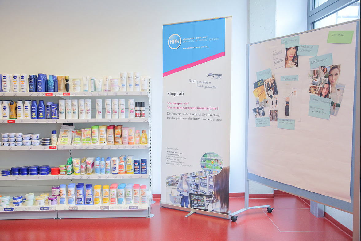 Das Foto zeigt links ein Verkaufsregal, in der Mitte eine Rollup und rechts eine Mindmap auf einem Whiteboard.