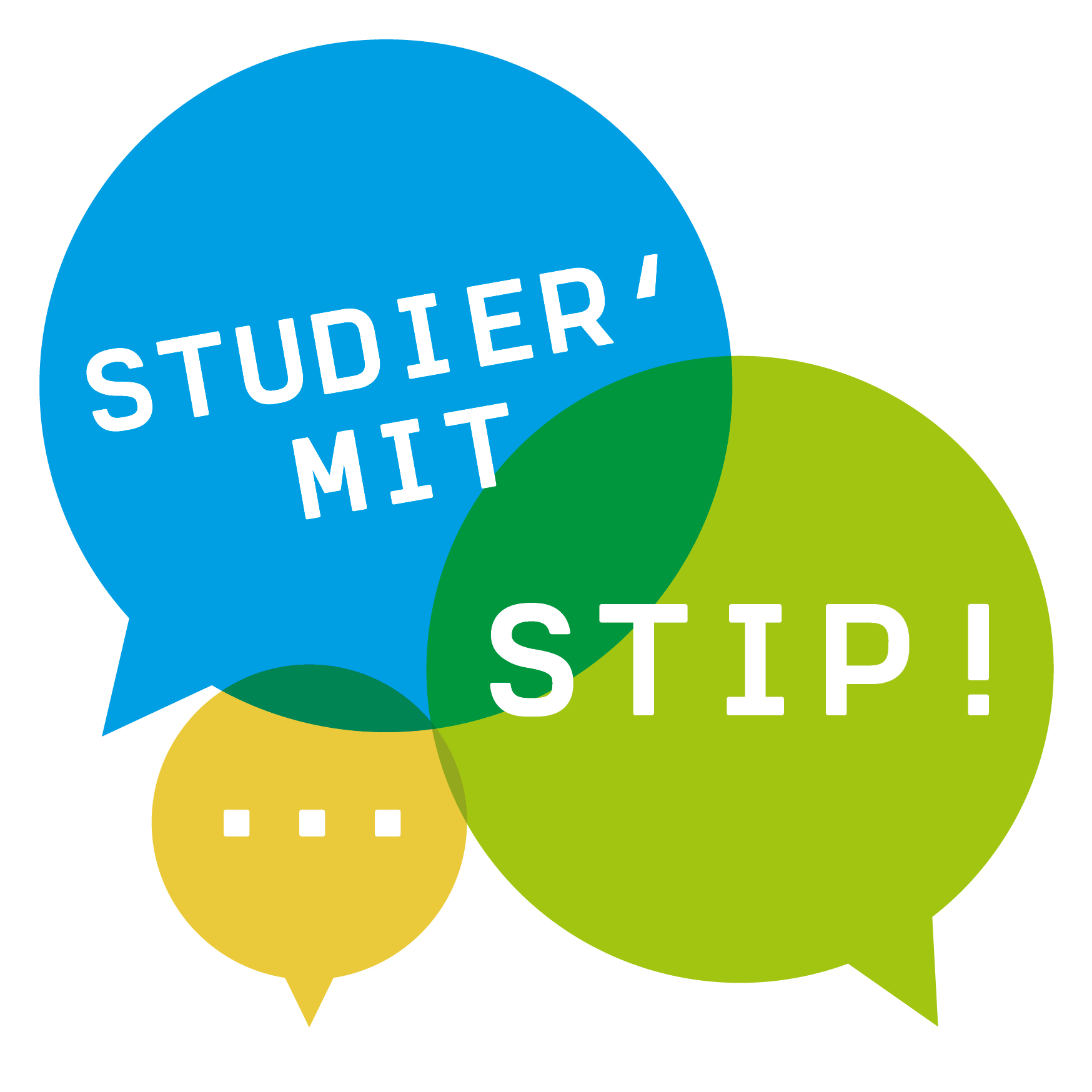 Drei Sprechblasen in verschiedenen Farben und Größen "Studier mit Stip"