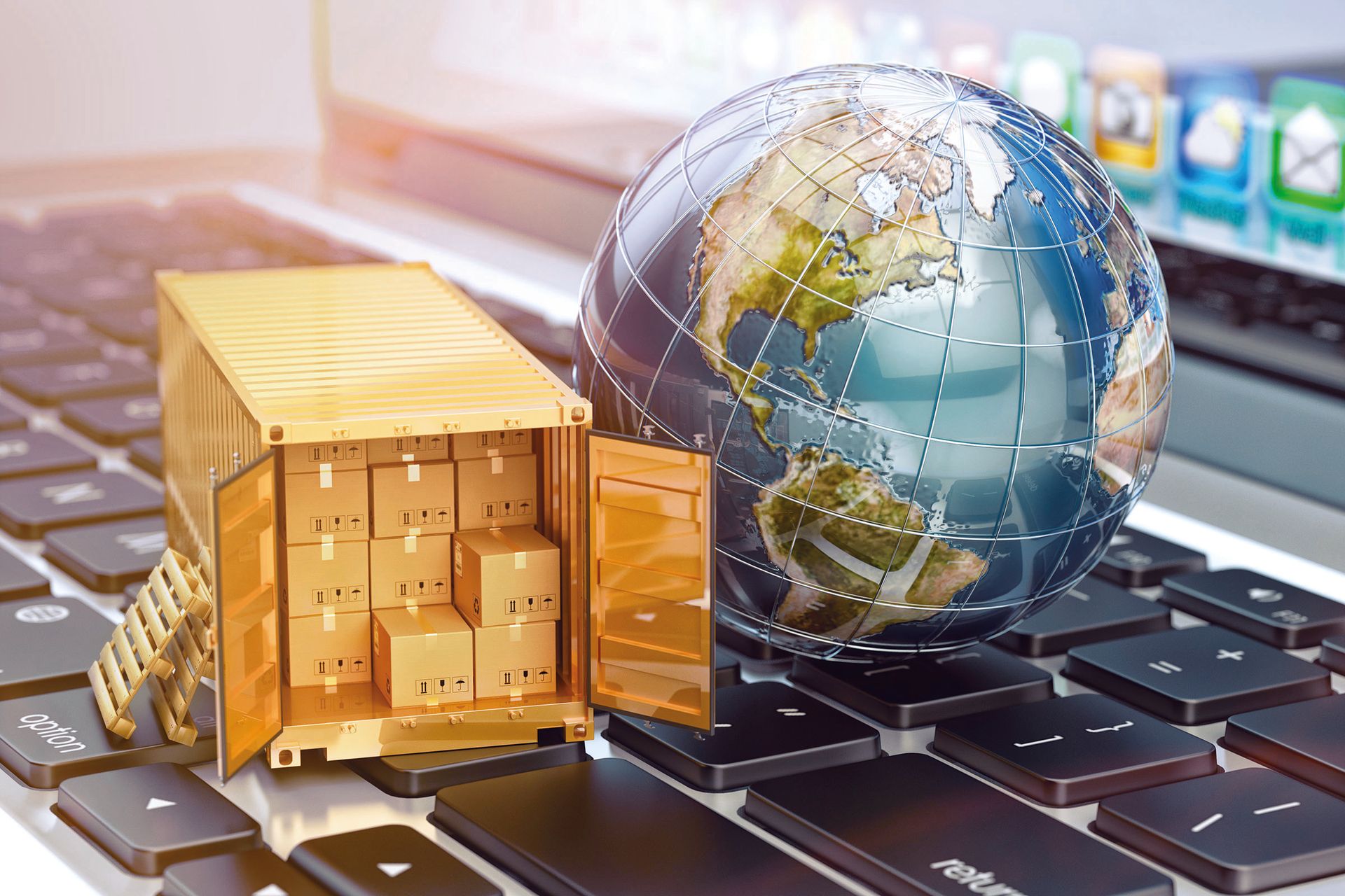 Symbolbild für globalen Onlinehandel: Ein digital dargestellter Frachtcontainer mit Paketen und eine Weltkugel stehen auf einer Computertastatur. Das Motiv visualisiert E-Commerce, Logistik und internationale Lieferketten.