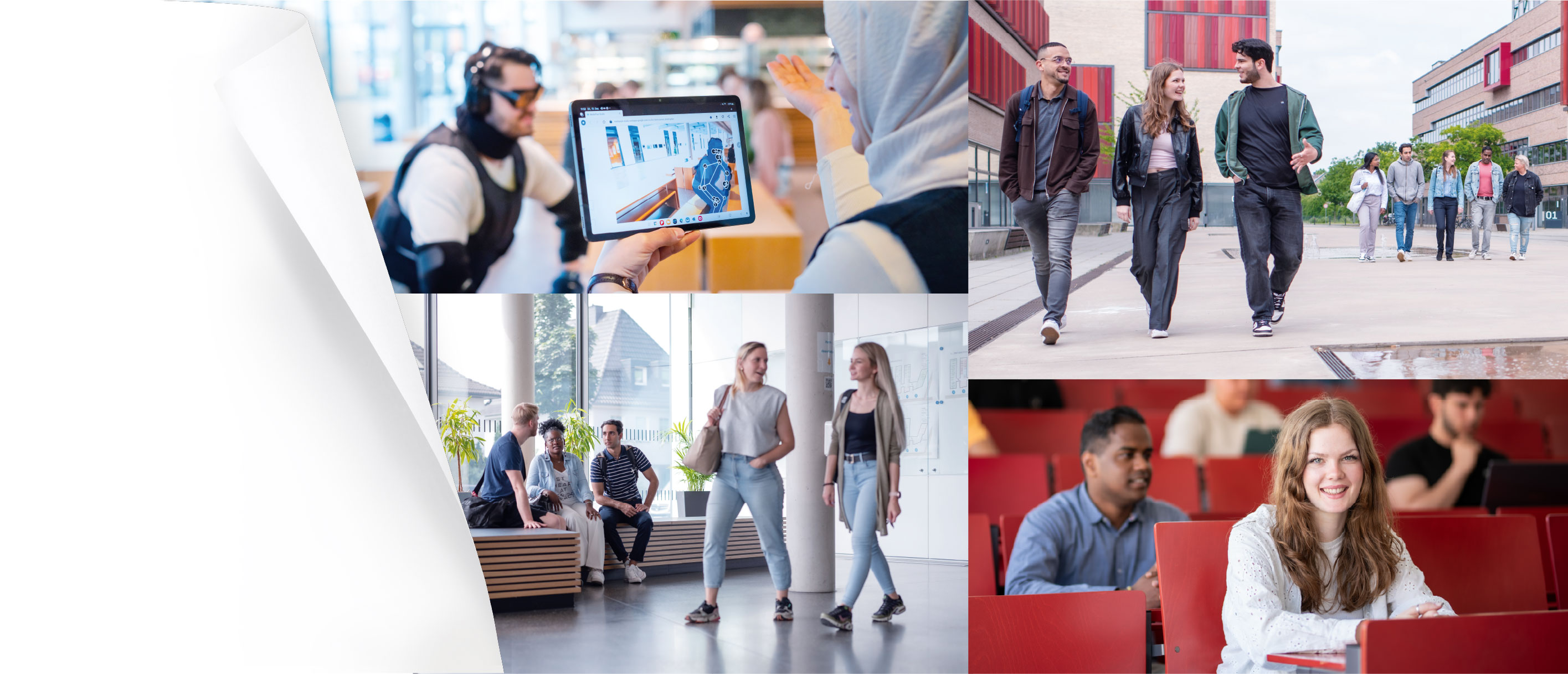 Collage mit vier Szenen aus dem Hochschulalltag: Studierende arbeiten mit digitaler Technik im Labor, gehen gemeinsam über den Campus, tauschen sich in einem hellen Gebäude aus und sitzen in einem Hörsaal; im Vordergrund eine lächelnde Studentin.