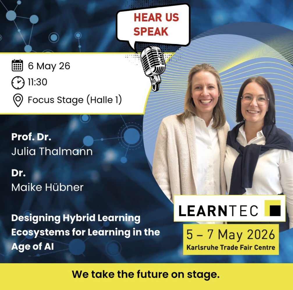 Ein Werbeposter für die LEARNETC2026 zeigt zwei Referentinnen und informiert über ihren Vortrag zu Hybrid Learning am 6.Mai um 11:30 Uhr in Karlsruhe