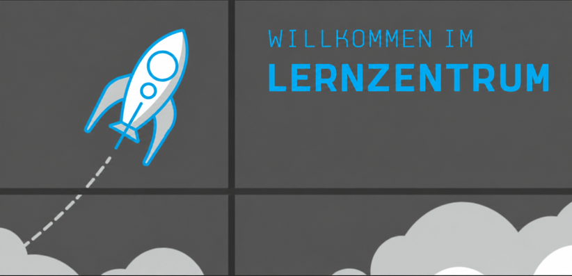 Illustration einer startenden Rakete mit der Aufschrift Willkommen im Lernzentrum
