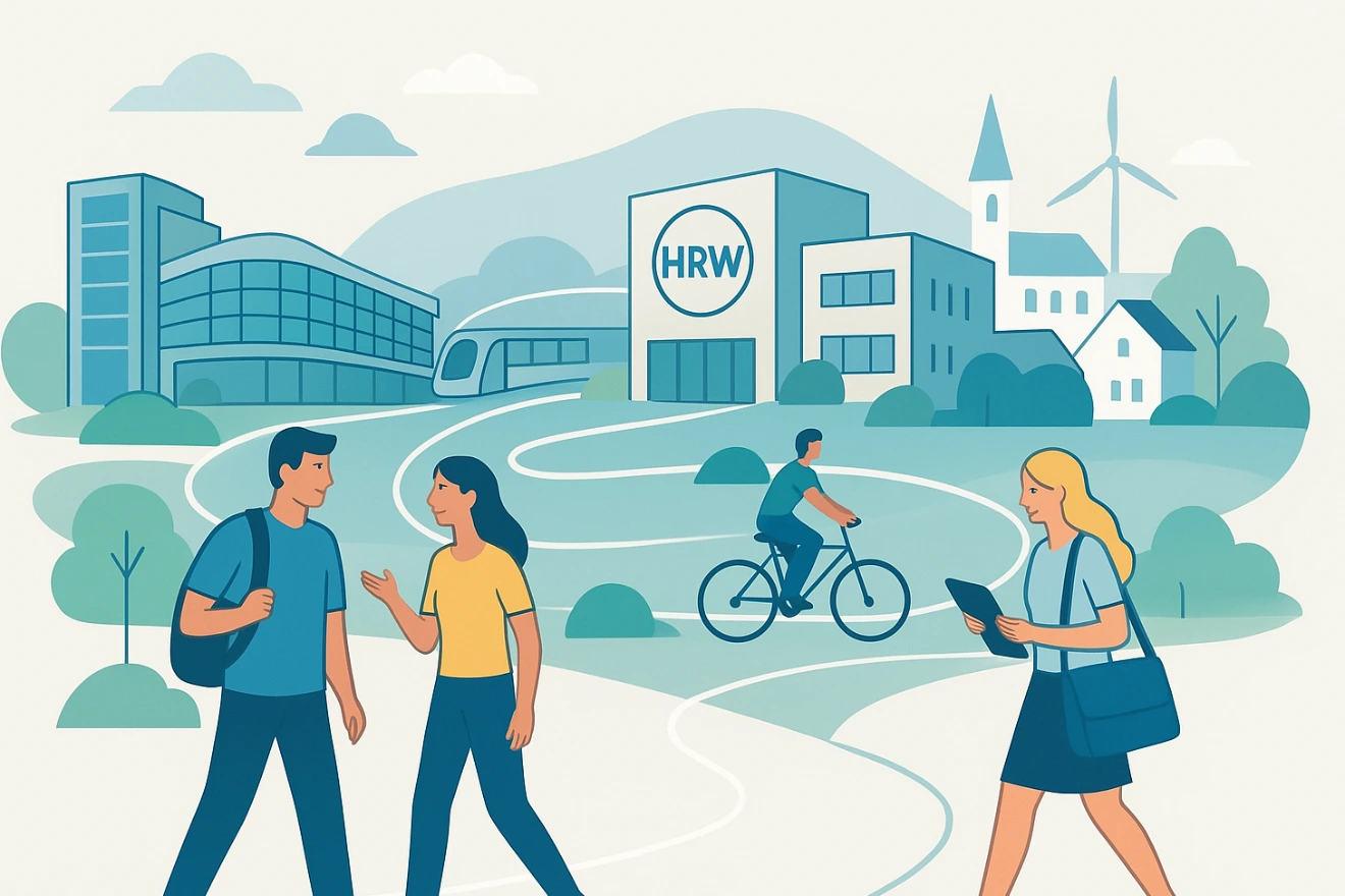 Illustration eines grünen Campus: Menschen gehen und radeln auf Wegen; Gebäude mit HRW-Logo, Straßenbahn, Windrad und Häuser im Hintergrund.