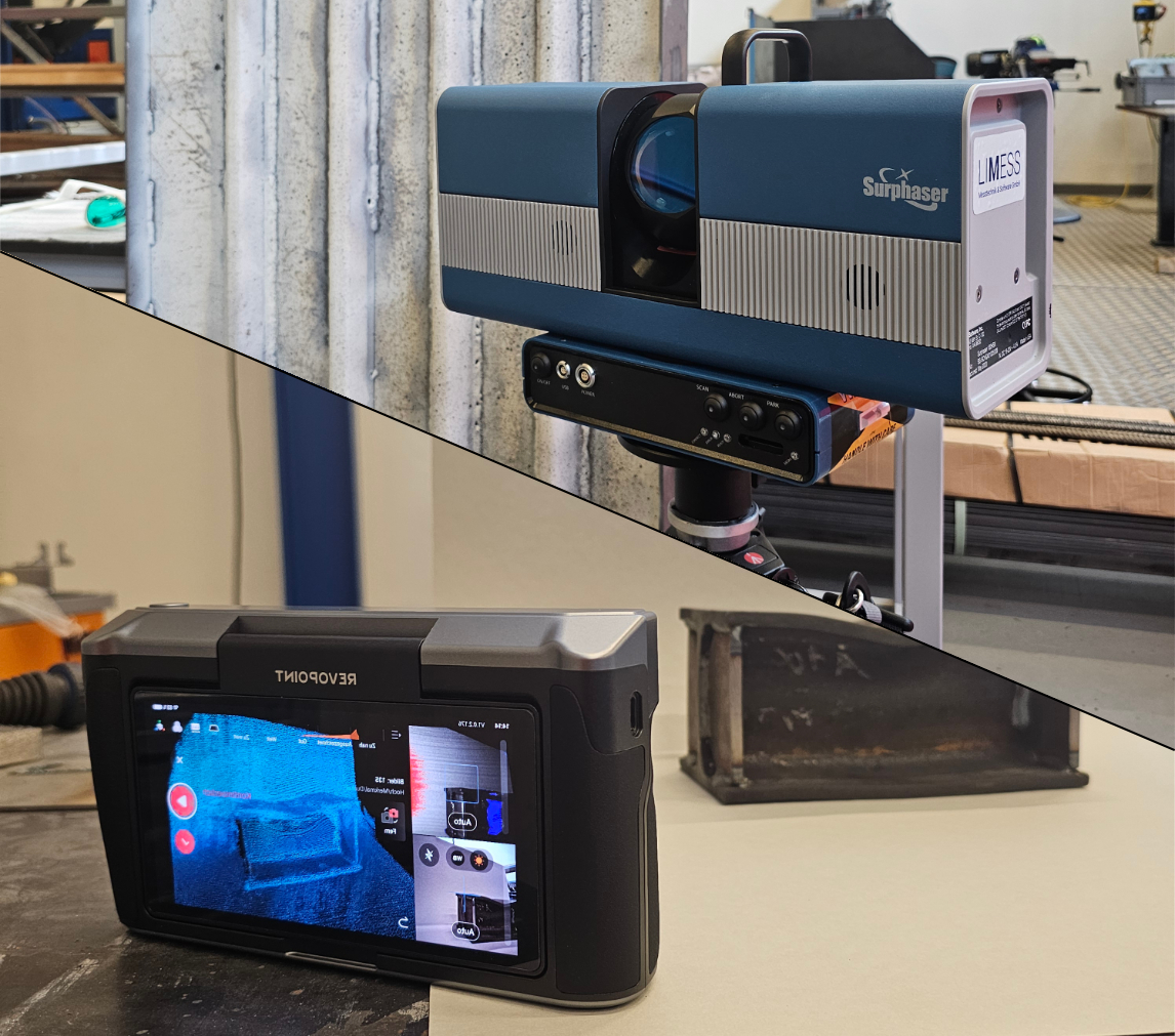 Das Bild ist diagonal zweigeteilt und zeigt zwei verschiedene Laserscanner
