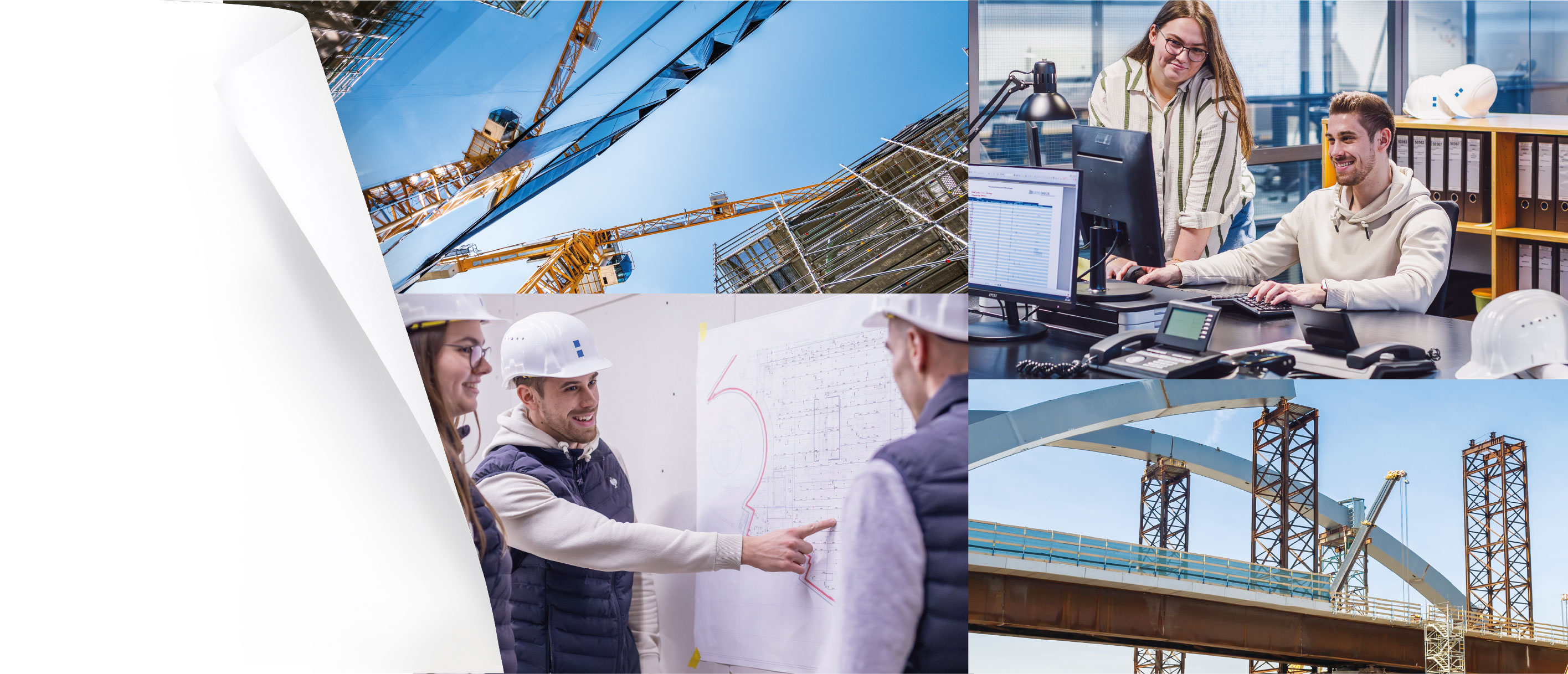 Collage mit Szenen aus Bauingenieurwesen und Projektarbeit: Baustelle mit Kränen und Stahlkonstruktionen, Studierende planen gemeinsam am Computer im Büro, Diskussion mit Bauplan an der Wand sowie der Bau einer großen Brückenkonstruktion im Freien.