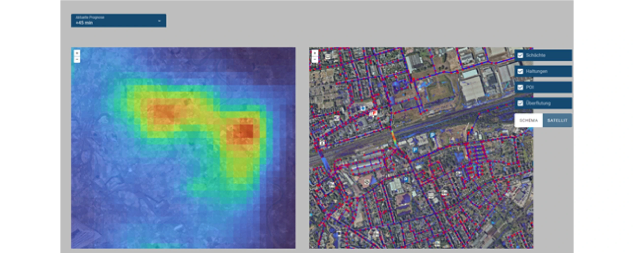 Das Bild zeigt die Visualisierungsoberfläche mit Niederschlags- und Überflutungsvorhersage