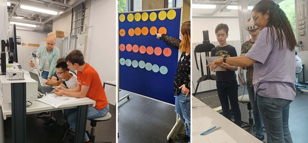 Auf der Collage sind drei Bilder horizontal dargestellt. Links sind jüngere Personen am Laptop, im mittleren Bild zeigt eine Frau auf eine blaue Tafel mit bunten farbigen Kreisen. Im letzten Foto ist ein Schüler zu sehen der eine VR Brille trägt und eine andere Person begleitet ihn.
