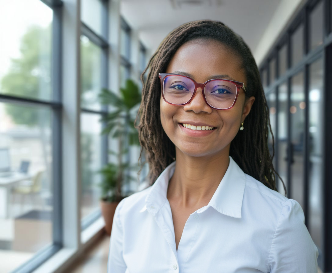 Porträt einer lächelnden Person mit langen Dreadlocks und rot-transparenten Brille, in weißer Bluse, stehend in einem modernen Büroflur mit großen Glasfronten.