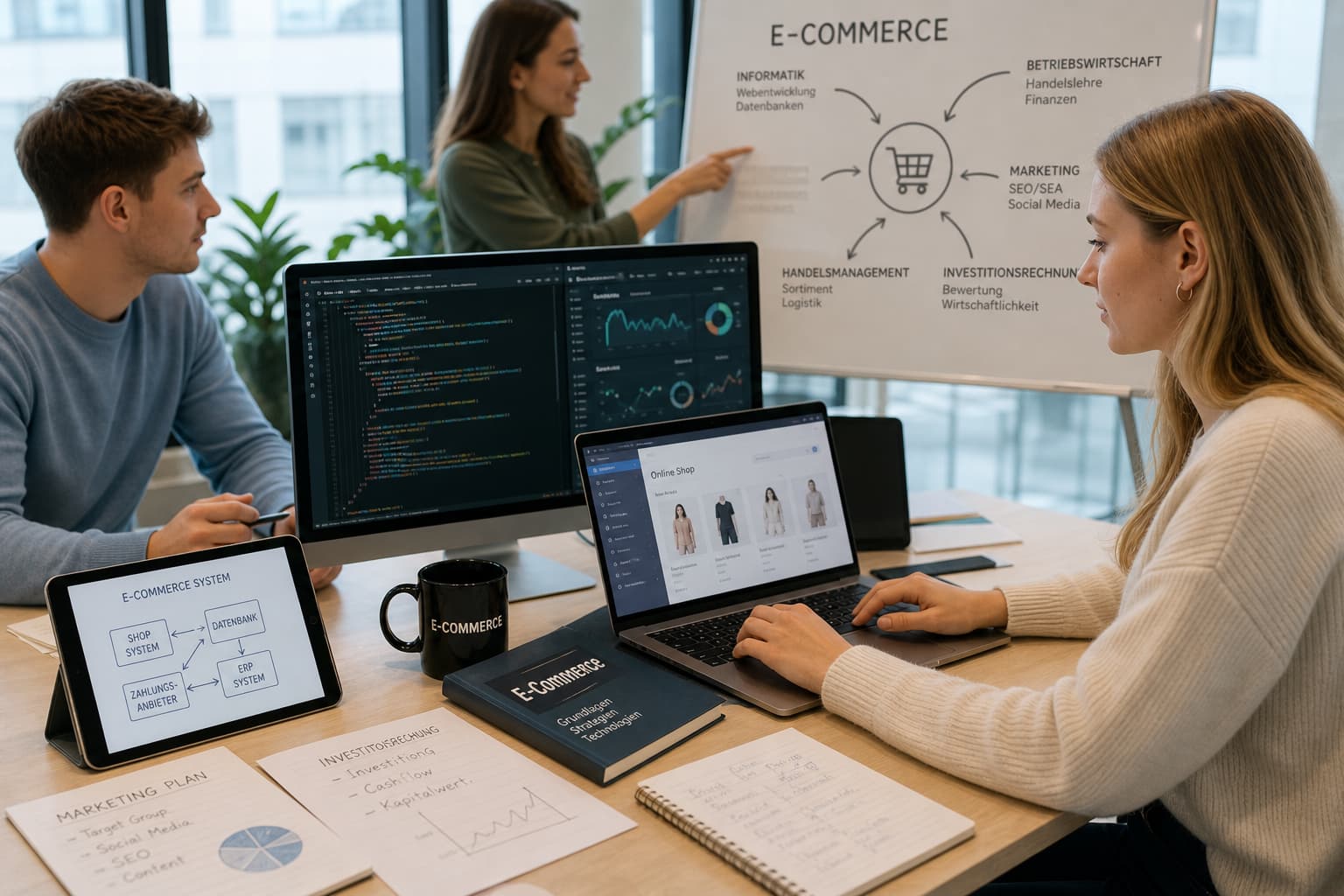 Team im Büro bespricht E-Commerce-Strategie; Laptops mit Code und Analysen, Whiteboard mit Diagrammen, Dokumente und Tablets auf dem Tisch