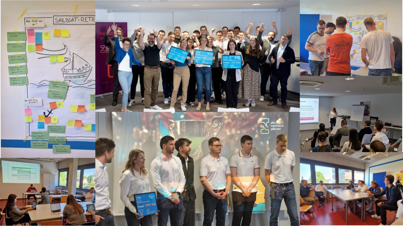 Collage aus Fotos eines studentischen Praxisprojekts an der Hochschule Ruhr West: Gruppenarbeit in Seminarräumen, Scrum-Methoden mit Post-its an Whiteboards, Präsentationen vor Publikum und Pitch-Szenen. Im Zentrum eine Gruppe von Studierenden und Lehrenden mit Siegerurkunden und Preisgeldern – fröhliche Stimmung und Teamgeist stehen im Vordergrund.