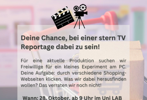 In dieser Grafik sieht man einen Aufruf von stern TV zur Teilnahme an einem Computerexperiment am 28. Oktober im UnI Lab der Hochschule Ruhr West mit Informationen zu den Teilnahmebedingungen und zur Anmeldung.