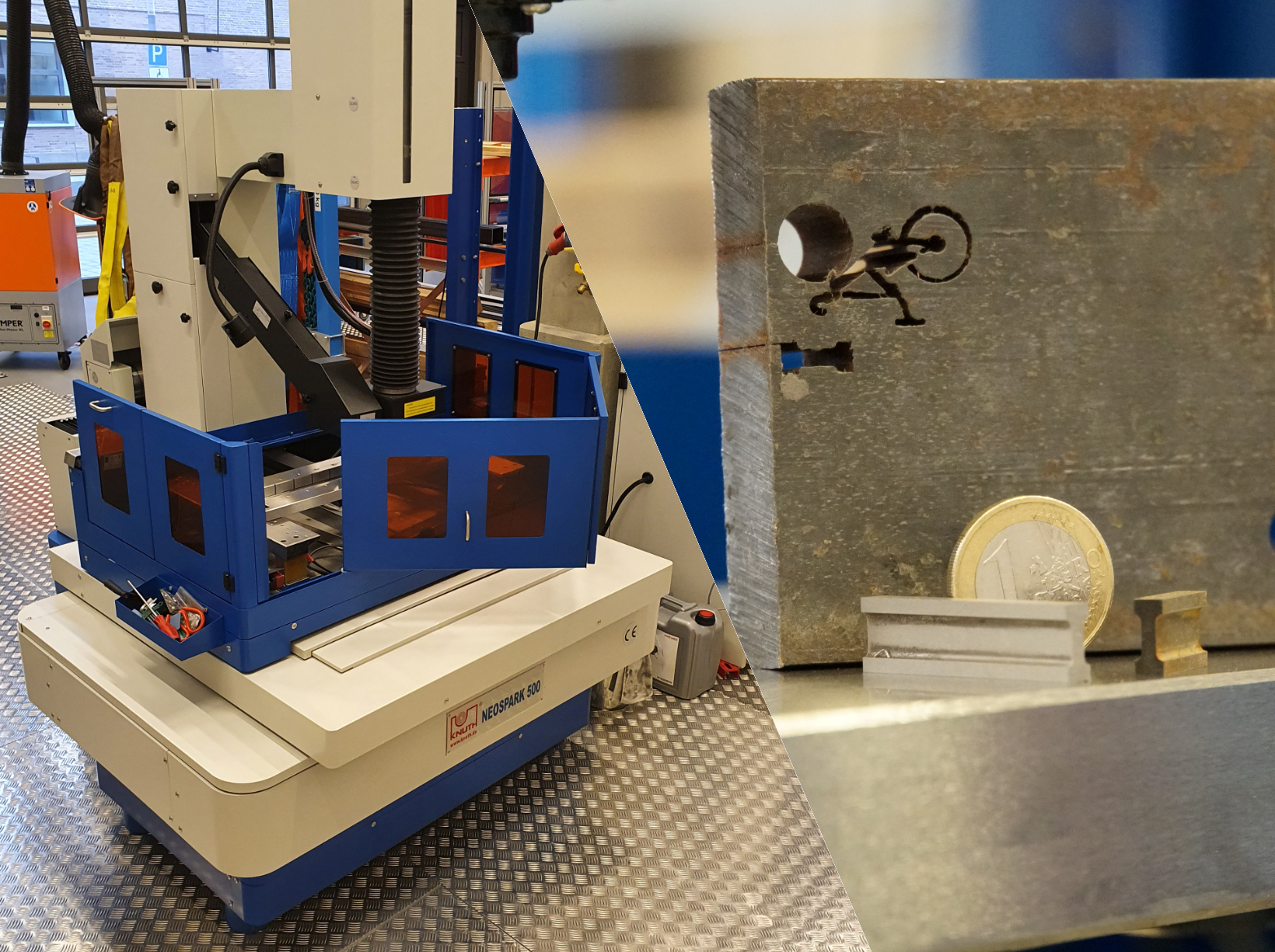 Das Bild ist zweigeteilt und zeigt auf der linken Seite eine Drahterodiermaschine, rechts befindet sich ein bearbeitetes Werkstück und eine 1 Euro Münze