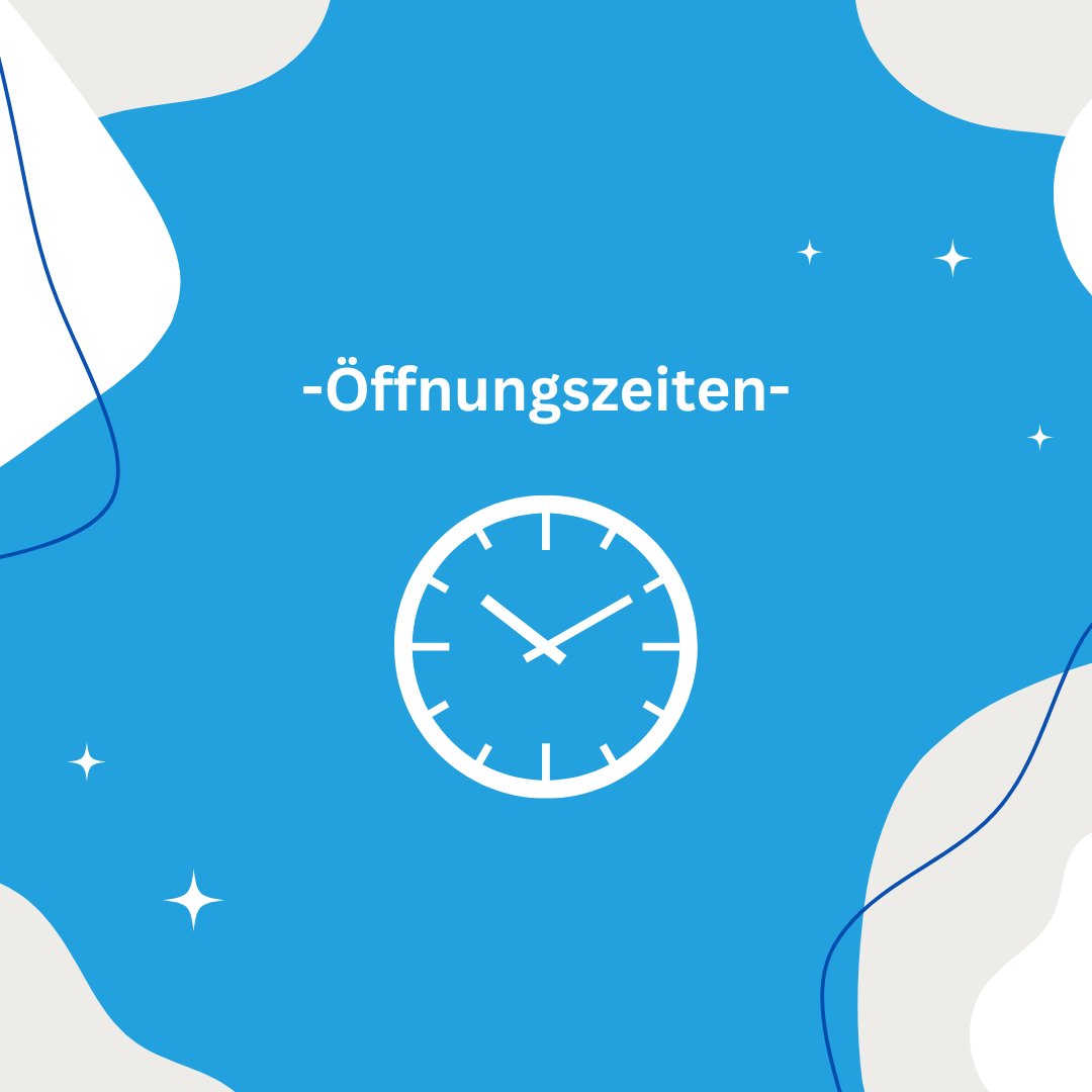 Überwiegend blauer Hintergrund mit einer Uhr als Symbol und dem Wort "Öffnungszeiten"
