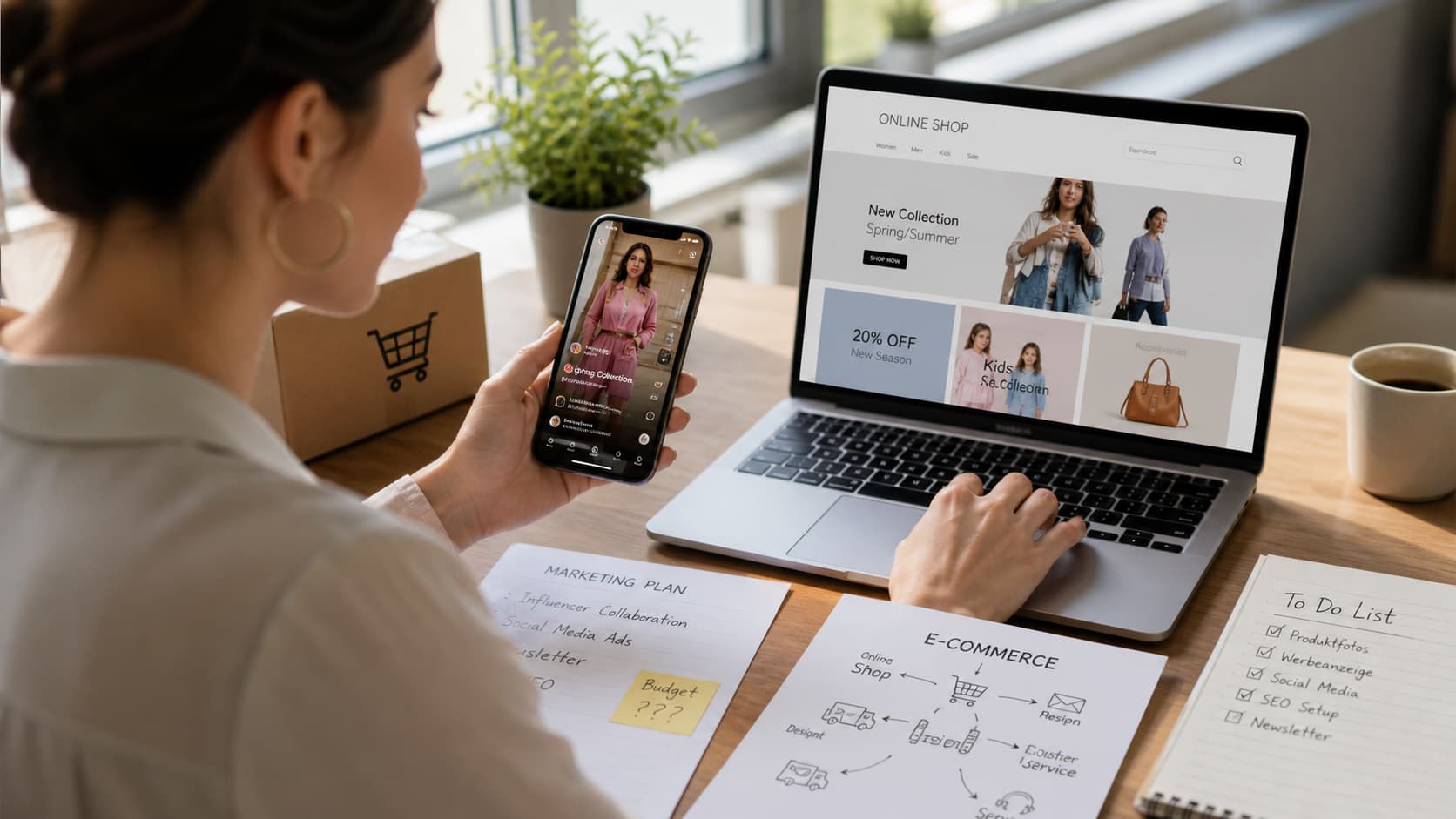 Frau arbeitet am Laptop, Online-Shop geöffnet, prüft Mode auf Smartphone; Marketingplan und To-do-Liste auf dem Tisch.