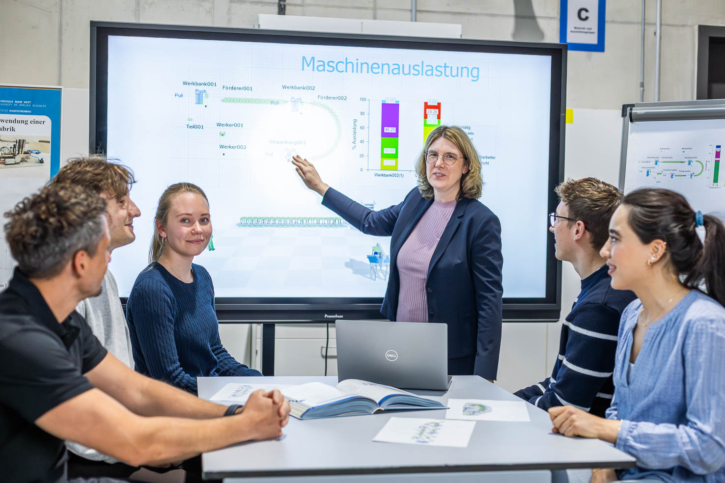 Professorin Pollmeier mit einer kleinen Gruppe Studierender an einem großem Monitor in einer Lehrveranstaltung.