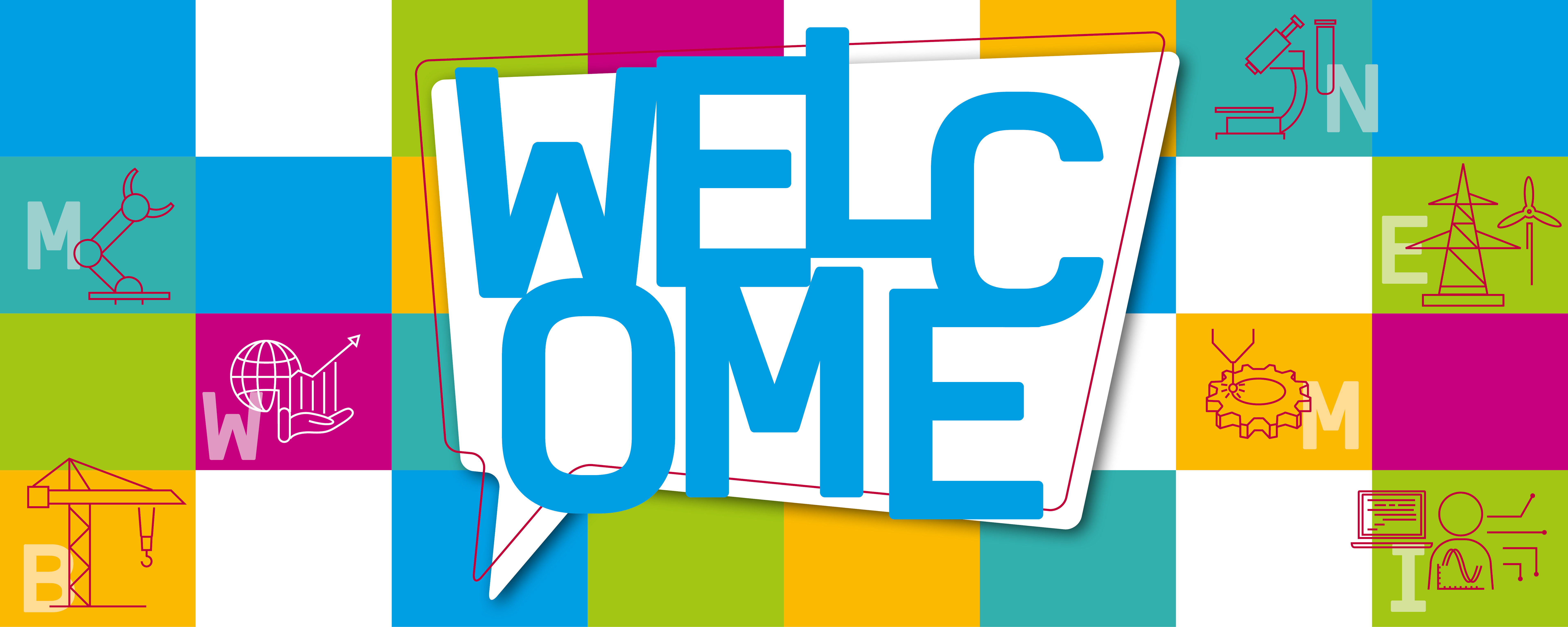 Eine Sprechblase, in welcher "Welcome" steht, befindet sich vor einem bunten Hintergrund, auf Welchem die Logos aller Institute der HRW zu sehen sind.