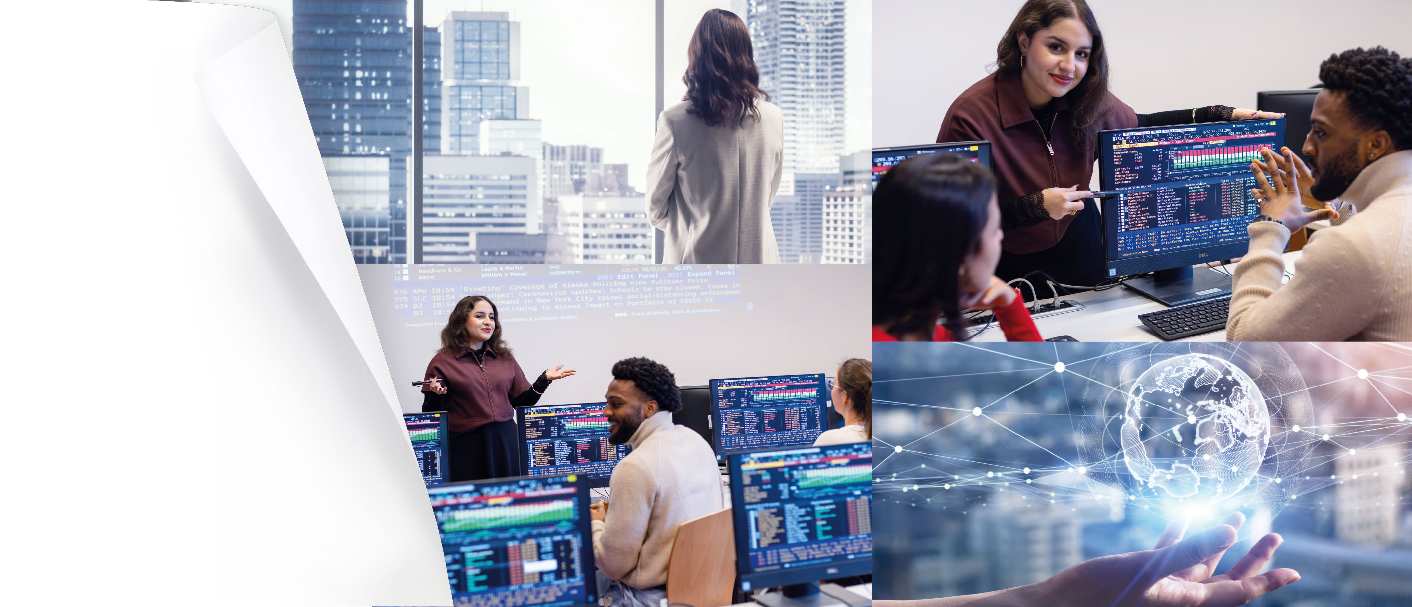 Collage mit Szenen aus Wirtschaft und IT: Eine Frau blickt aus einem Bürofenster auf eine Stadt, Studierende diskutieren vor Monitoren mit Datenvisualisierungen, eine Lehrsituation im Computerraum sowie eine symbolische Darstellung einer vernetzten digitalen Weltkugel über einer ausgestreckten Hand.