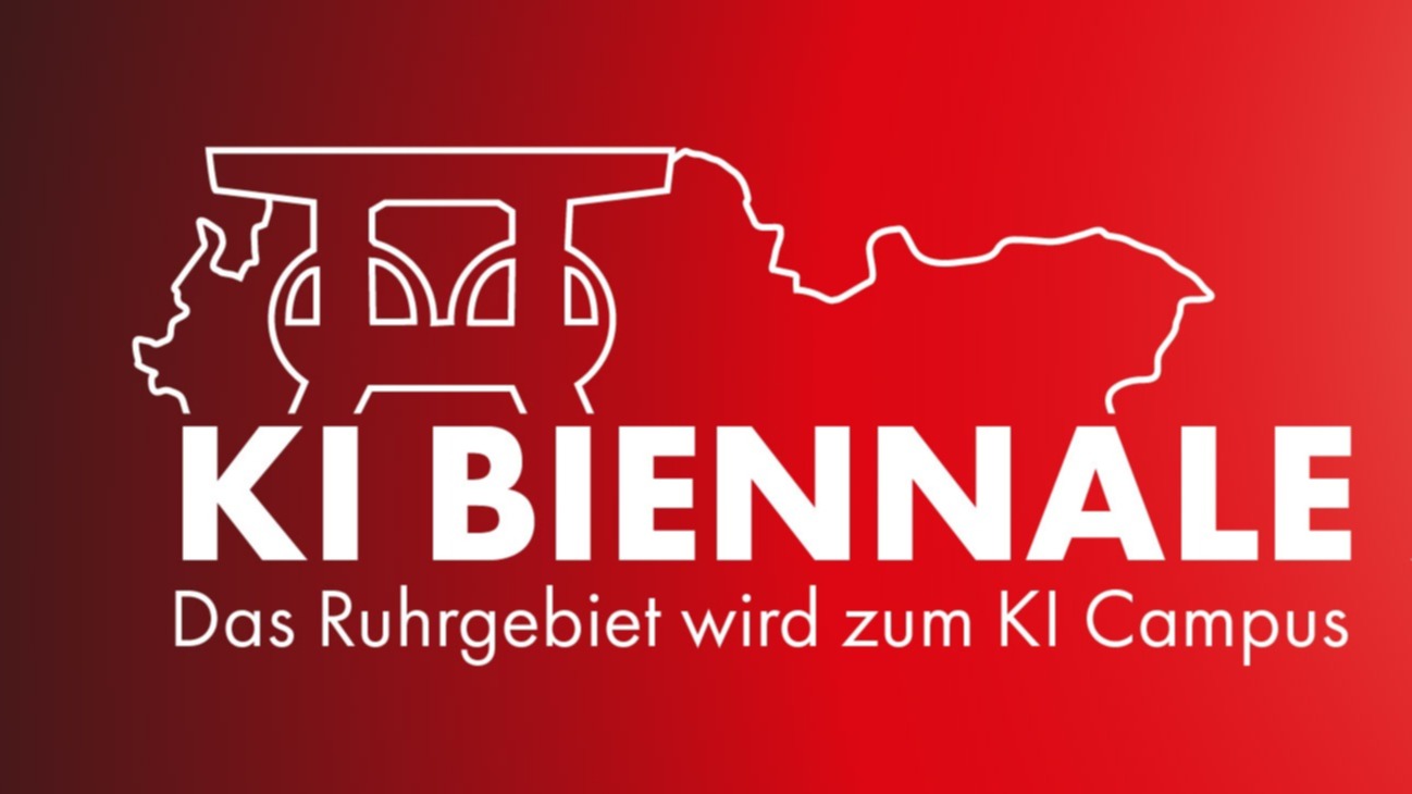 Roter Hintergrund mit Text 'KI BIENNALE 2026 – Das Ruhrgebiet wird zum KI Campus' und weißer Ruhrgebiet-Umrissgrafik.
