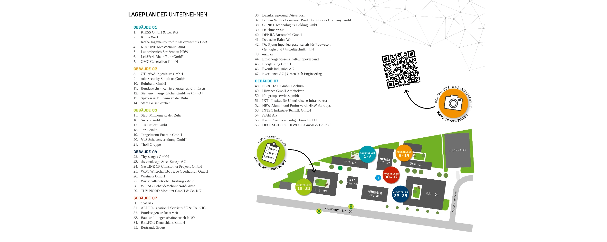 Auf dem Bild sieht man, welche Unternehmen in welchen Gebäuden der HRW Karriere zu finden sind.