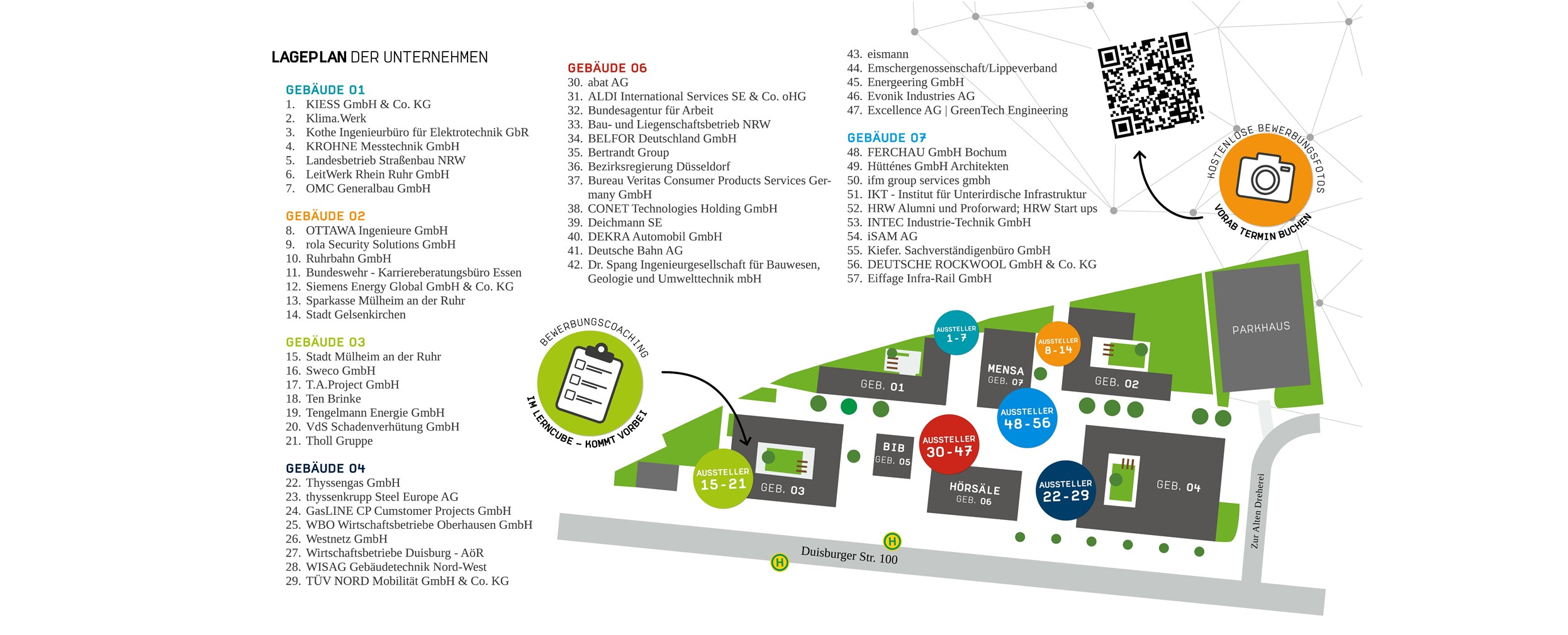 Auf dem Bild sieht man, welche Unternehmen in welchen Gebäuden der HRW Karriere zu finden sind. Diese Information ist in schriftlicher Form ebenfalls im Ausstellerkatalog zu finden, welcher über einen Link im Text aufrufbar ist.