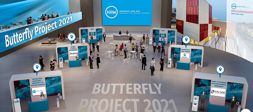 Virtuell generiertes Bild von einem Ausstellungsraum mit Messeständen, Schriftzuf Butterfly Project 2021 ist an verschiedenen Stellen zu lesen