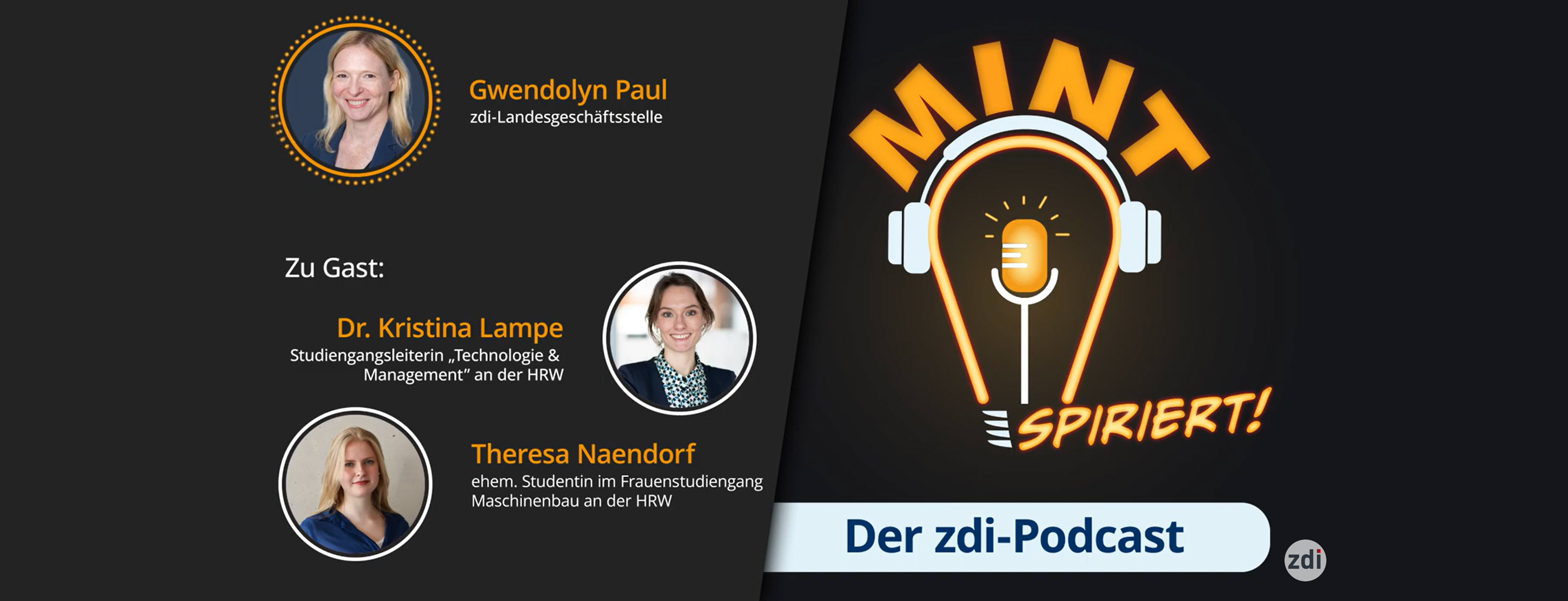 Podcast-Banner: MINT spiriert! Der zdi‑Podcast. Links Porträts von Moderatorin und zwei Gästen; rechts Mikrofon mit Kopfhörern im Logo.