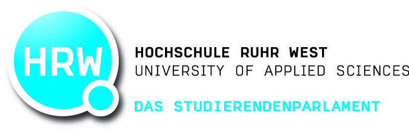 Das Bild zeigt ein Logo und Text, der sich auf die "Hochschule Ruhr West University of Applied Sciences" bezieht, daneben steht "Das Studierendenparlament". Das Studierendenparlament ist die Vertretung der Studierenden an der Hochschule, welche oft für studentische Angelegenheiten, Interessenvertretung und Veranstaltungen zuständig ist. Das Logo besteht aus den Buchstaben "HRW" in einer modernen, kreisförmigen Gestaltung mit einem hellblauen Hintergrund.