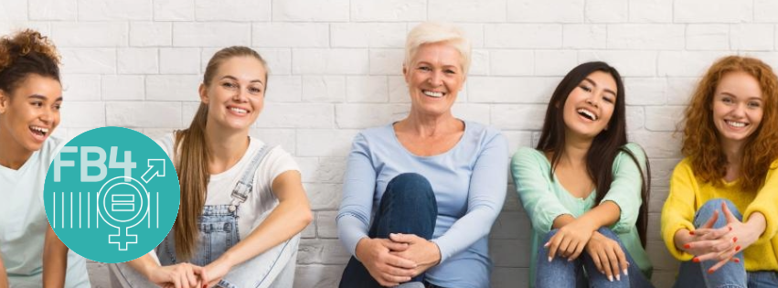 Das Logo der Gleichstellung 4 in MINT. Dazu sind diverse Frauen sitzend abgebildet.