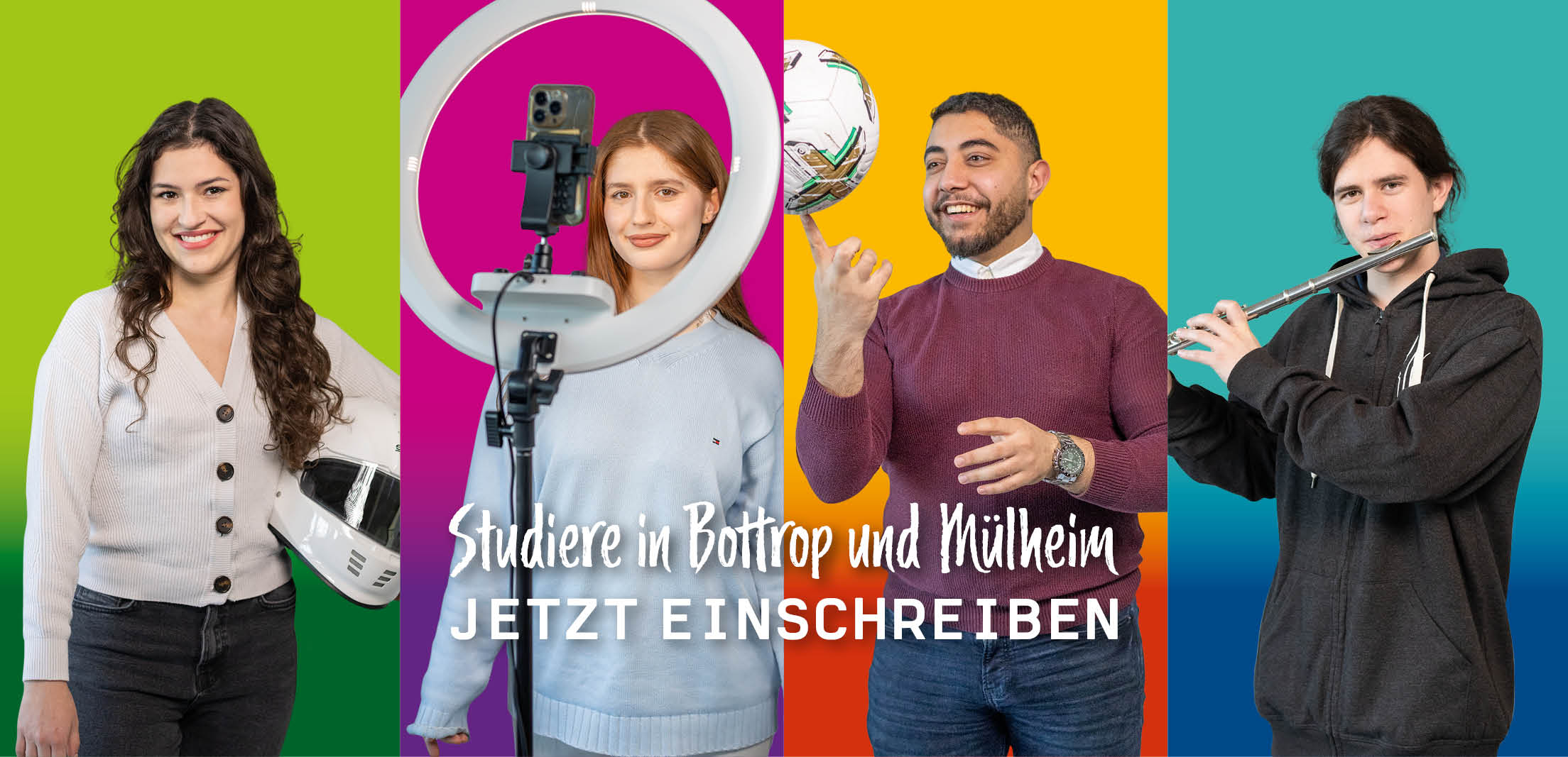 Verschiedene Personen werden mit ihren Hobbys gezeigt: Racing, TikTok, Fußball und Querflöte