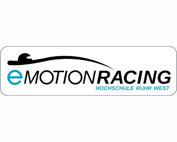 Logo des eMOTION Racing Teams der Hochschule Ruhr West mit stilisierter Rennfahrer-Silhouette und Schriftzug