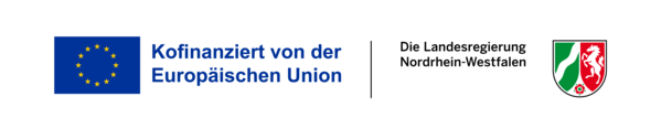 EU-Flagge mit Text 'Kofinanziert von der Europ&auml;ischen Union' neben Logo und Schriftzug der Landesregierung Nordrhein-Westfalen.