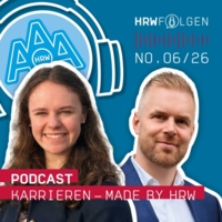 Podcast &bdquo;Karrieren &ndash; made by HRW&ldquo;, HRW FOLGEN No. 06/26. Portr&auml;ts einer jungen Frau und eines Mannes; HRW-Logo mit Kopfh&ouml;rern.