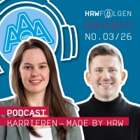 Teaser Bild f&uuml;r den Podcast "Karrieren - Made by HRW " mit den Personen Geena Harmuth, Masterstudentin, und Manuel Fessen, Absolvent, im Vordergrund.
