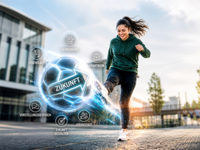 Frau kickt leuchtenden digitalen Fu&szlig;ball "Zukunft"; umgeben von Icons: Bewerbung, Praktikum, Lebenslauf, Vorstellungsgespr&auml;ch, Jobangebot.