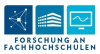 Das Bild zeigt den Schriftzug Forschung an Fachhhochschulen, darüber sind drei Icons in Blautönen zu finden